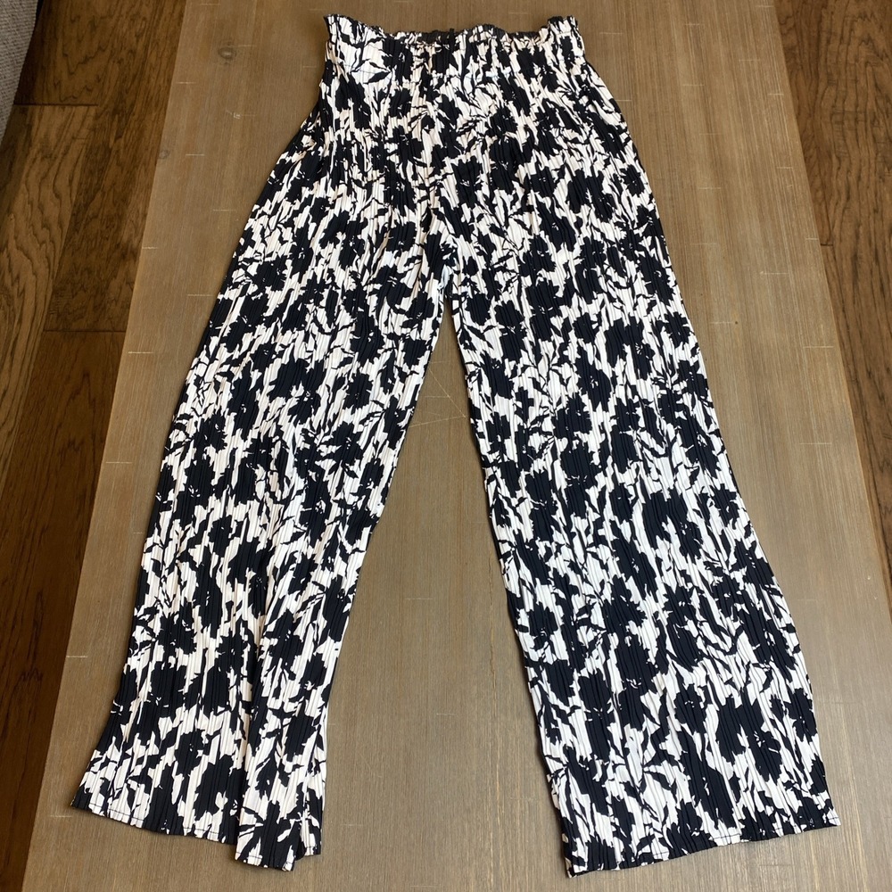 Joie Sz Small black white floral print pleated wide leg pants women stretch